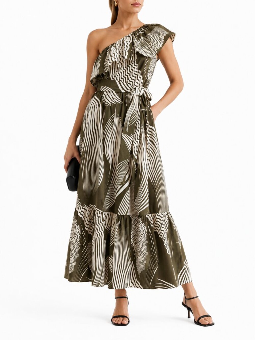 NWT Express Printed One Shoulder Ruffle Tie Waist‎ Poplin Maxi Dress